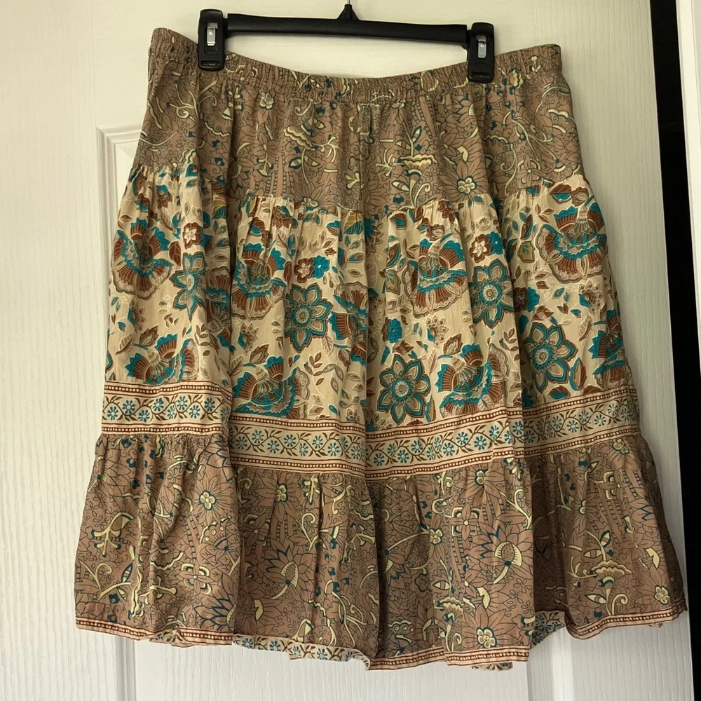 Bohemian Floral Mini Skirt - Cream & Brown with Teal Accents - Picture 1 of 2